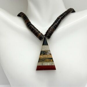 Vintage Southwestern Heishi Agate Coral Jasper Tab Pendant Choker Necklace